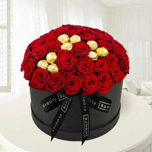 Ferrero Rose Hat Box – Red Roses – Luxury Roses – Luxury Red Roses – Flowers in a Hat Box – Luxury Flowers – Luxury Valentine’s Flowers